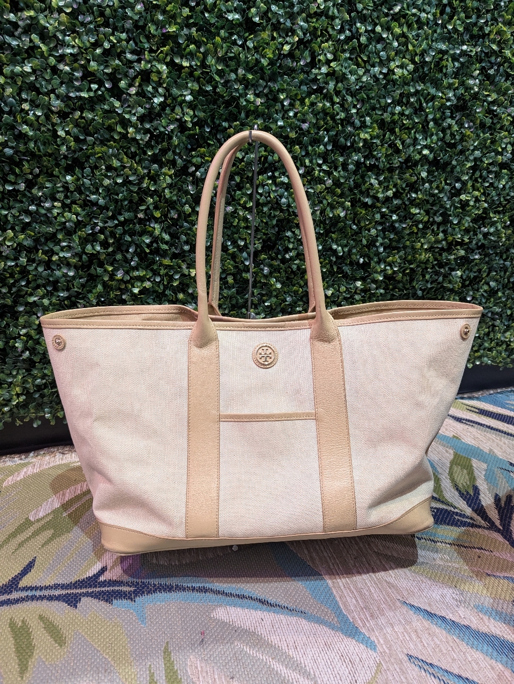 Tory Burch Beige Canvas Tote Bag with Tan Trim